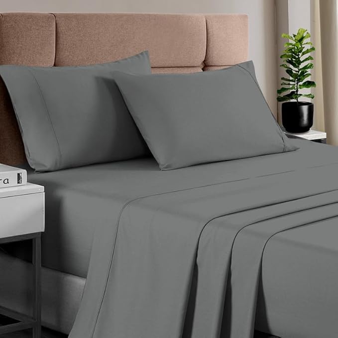 Pizuna Pure 100% Cotton Sheets King Size, Luxurious 400 Thread Count Long Staple Cotton Sateen Sheets with 15" Deep Pocket in Dark Grey