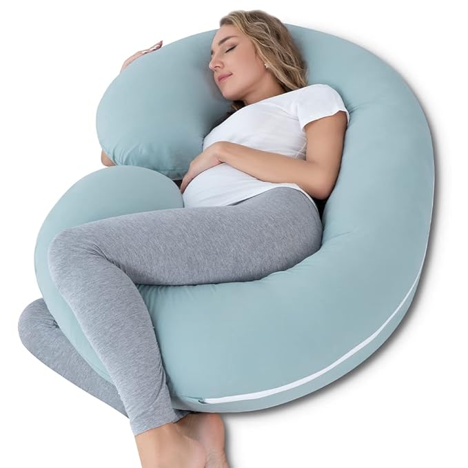 INSEN Pregnancy Pillows for Sleeping, Maternity Pillow with Cooling Cotton Cover, C Shaped for Pregnant Side Sleeping (Green Jersey)