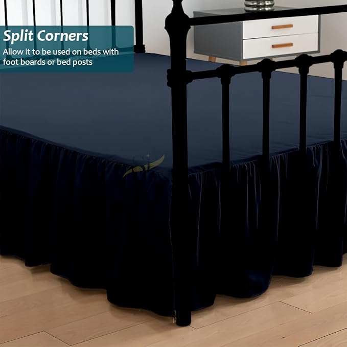 Shreem Linen Ruffled Bed Skirt with Split Corners, Gathered Style, 100% Microfiber, 15-Inch Drop, Dust Ruffle Bedskirt with Platform, Full-XL, Navy Blue