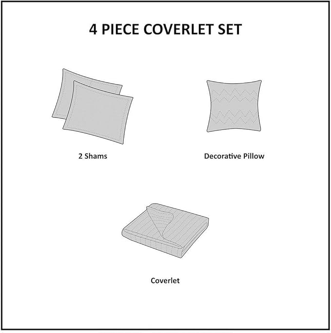 Madison Park Celeste Quilt Modern Classic Design All Season, Breathable Coverlet Lightweight Bedding Set, Matching Shams, Decorative Pillow, Full/Queen(90"x90"), Ruffle White 4 Piece