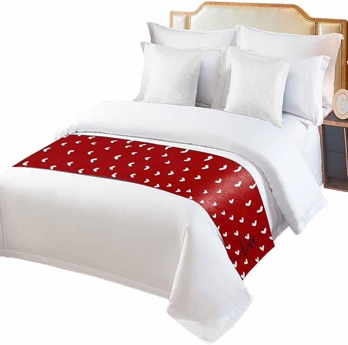 Valentine's Day White Love Hearts Bed Runners for Bedroom Hotel,Decorative Bedding Scarf Sweetheart and Quote on Red Bed End Blanket Bedding Runner Scarves for Queen Size Bed,94x20in