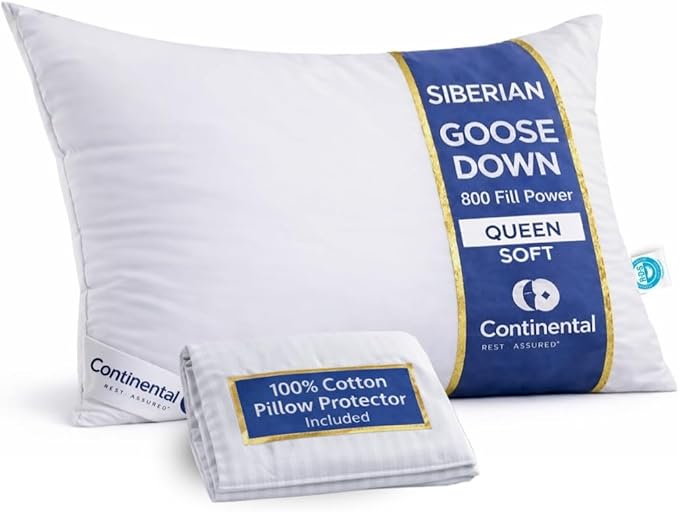 Continental Bedding Siberian Goose Down Pillow 800 Fill Power White Goose Down 400 Thread Count 100% Cotton Shell Soft Medium Firm Loft Options Handcrafted in USA