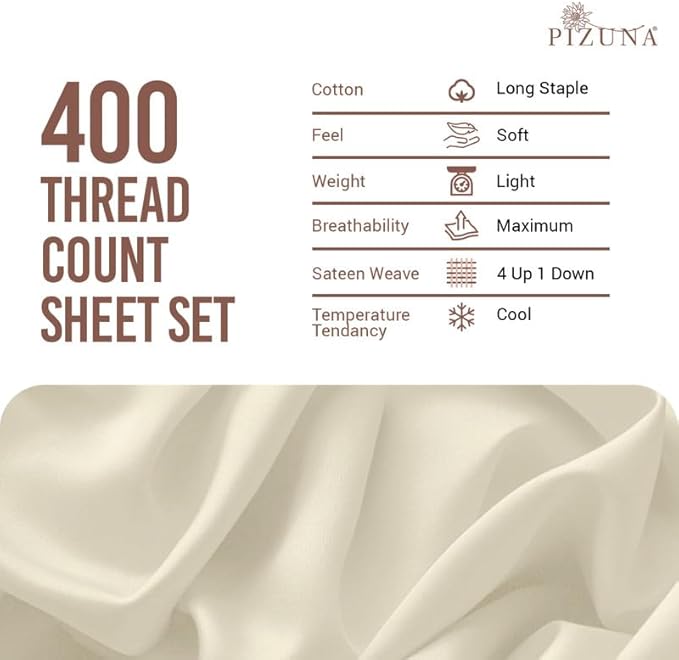 Pizuna Pure 100% Cotton Sheets RV King Size, Luxurious 400 Thread Count Long Staple Cotton Sateen Sheets with 15inch Deep Pocket (Combed Ivory Sheet RV King)