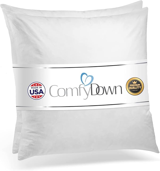 ComfyDown Set of Two 26x26 Decorative Throw Pillow Insert, Down and Feathers Fill, 100% Cotton Cover 233 Thread Count, Square Pillow Insert - Made in USA