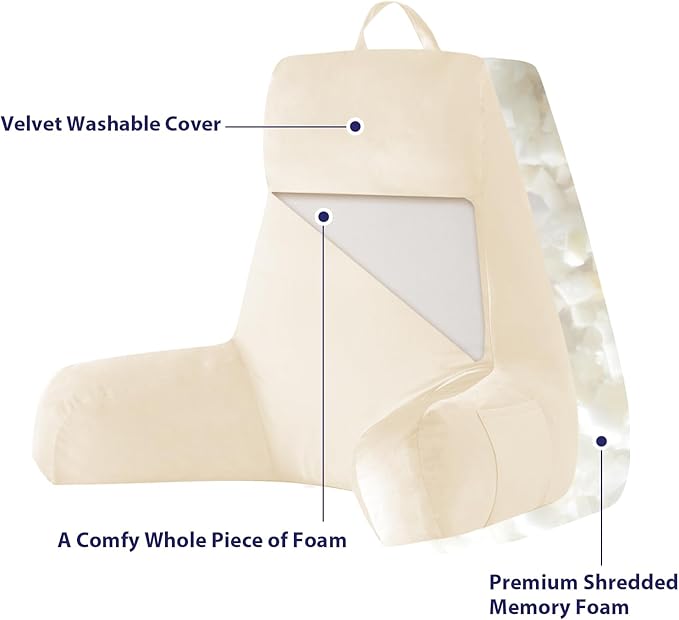 Back Pillow for Bed Sitting up, Reading Pillow for Sitting in Bed Adult, Back Support Pillow, Memory Foam Sit up Lounge Backrest Pillow with Arms for TV, Couch, Chair, Dorm, 24 Inch, Beige
