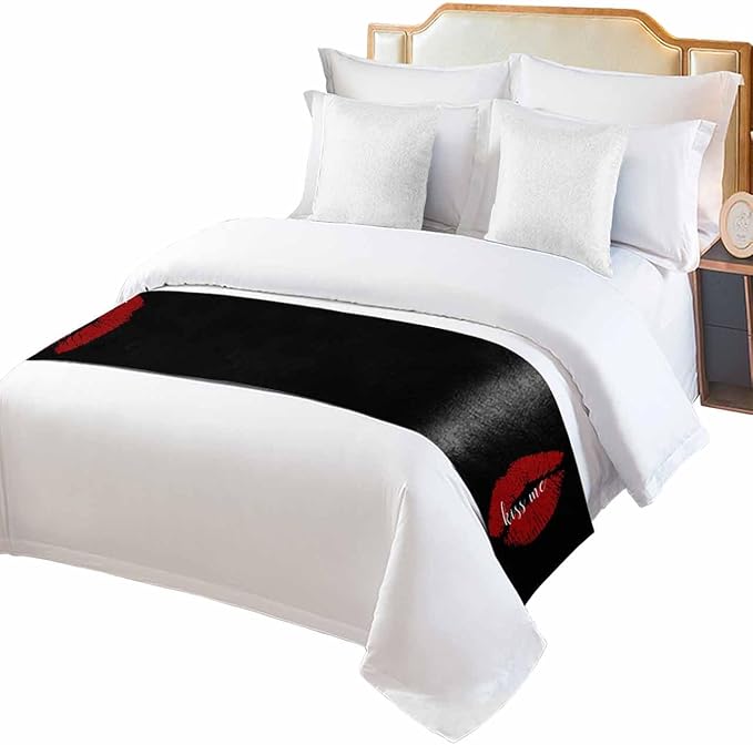 Red Lip Print Kiss Me Bed Runners for Bedroom Hotel,Decorative Bedding Scarf Black Back Bed End Blanket Bedding Runner Scarves for Queen Size Bed,94x20in