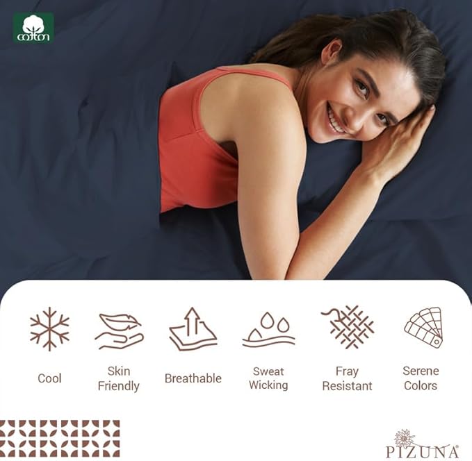 Pizuna Pure 100% Cotton Sheets Queen Size, Luxurious 400 Thread Count Long Staple Cotton Sateen Sheets Queen with 15inch Deep Pocket (Combed Dark Blue Cotton Sheets Queen)