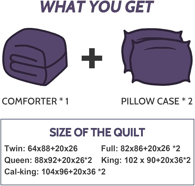 Decroom Lightweight Queen Comforter Set with 2 Pillow Sham - 3 Pieces Set - Quilted Down Alternative Comforter/Duvet Insert for All Season - Purple - Queen Size