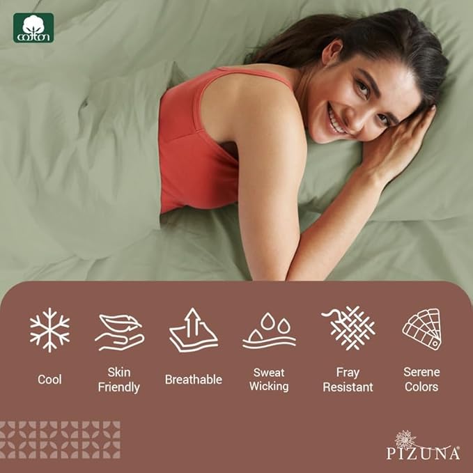 Pizuna Pure 100% Cotton Sheets Full Size, Luxurious 400 Thread Count Long Staple Cotton SateenSheets Full with 15inch Deep Pocket (Combed Light Sage Cotton Sheets Full)