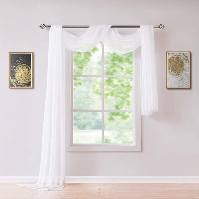 Long Length 56" (W) x 216" (L) White Sheer Window Scarf. Voile Window Treatments are Perfect As Valance Scarves, Canopy Bed Scarf Or Wedding Decoration. AMA 56" x 216" White