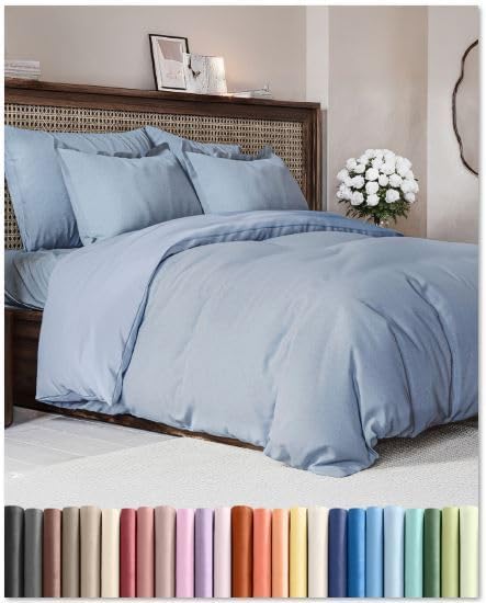 Duvet Cover Queen Size - Extra Soft Queen Size Duvet Cover - Lightweight, Breathable, Easy Care & Fade Free w/ Zipper Closures & Ties - 90" x 90" Inches - (Heathered Blue) Comforter Not Included
