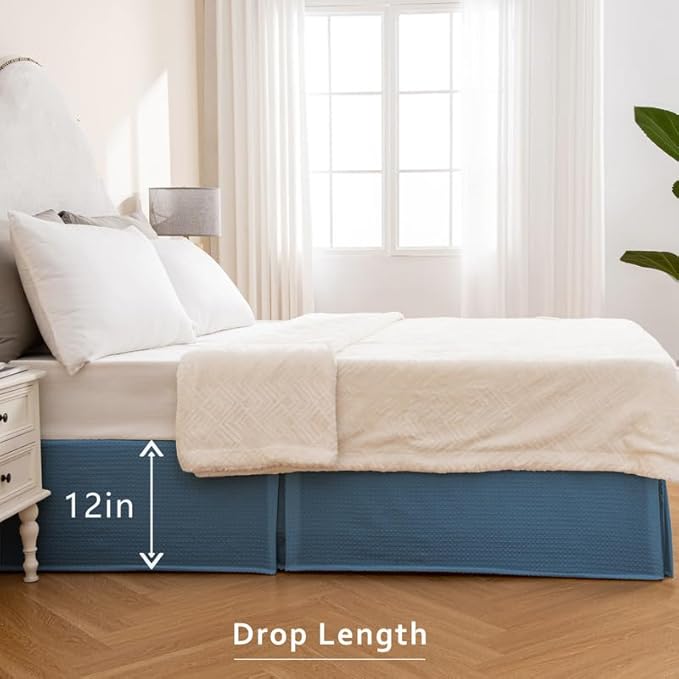 MIYE Pleated Waffle Weave Bed Skirt, Tailored Dust Ruffle 12 Inch Drop Easy Fit, Machine Washable (Blue, Twin - 12" Drop)
