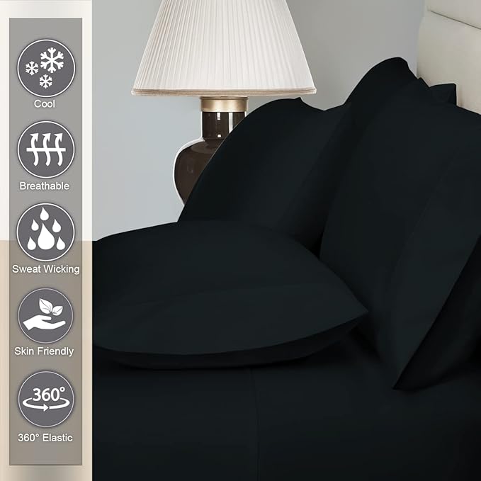 Pizuna Pure 100% Cotton Queen Sheets, Luxurious 400 Thread Count Long Staple Sateen Sheets with 15-Inch Deep Pocket (Combed Black Cotton, Queen Size Sheet Set)