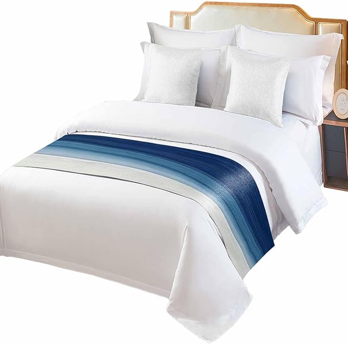 Abstract Navy Blue Ombre Stripe Art Bed Runners for Bedroom Hotel,Decorative Bedding Scarf Modern Color Line Texture Bed End Blanket Bedding Runner Scarves for King Size Bed,102x20in