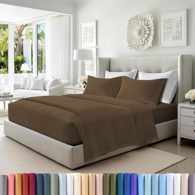 Pizuna Pure 100% Cotton Sheets RV Queen Size, Luxurious 400 Thread Count Long Staple Cotton Sateen Sheets RV Queen with 15" Deep Pocket (Combed Woody Brown Cotton Sheets RV Queen)