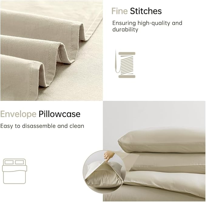 JELLYMONI Cotton Duvet Cover Queen Size - 100% Washed Cotton Linen Like Textured Comforter Cover, 3 Pieces Breathable Soft Bedding Set with Zipper Closure (Light Khaki, Queen 90"x90")