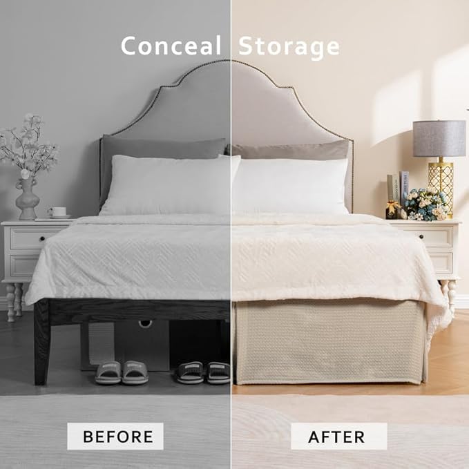 MIYE Pleated Waffle Weave Bed Skirt, Tailored Dust Ruffle 12 Inch Drop Easy Fit, Machine Washable,No Split Corners (Beige, Twin - 12" Drop)