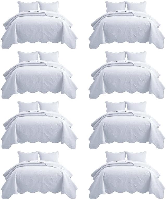 MOONLIGHT20015 8 Pack California King Quilt Bedding Set (118"x106") - Bulk Wholesale for Hotels, Guest Bedroom & Airbnbs - Microfiber Reversible Floral Embossed Quilts Bedspreads (White)