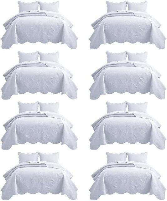 MOONLIGHT20015 8 Pack California King Quilt Bedding Set (118"x106") - Bulk Wholesale for Hotels, Guest Bedroom & Airbnbs - Microfiber Reversible Floral Embossed Quilts Bedspreads (White)