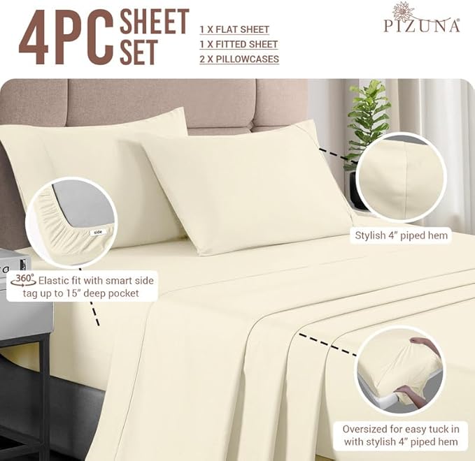 Pizuna Pure 100% Cotton Sheets RV King Size, Luxurious 400 Thread Count Long Staple Cotton Sateen Sheets with 15inch Deep Pocket (Combed Ivory Sheet RV King)