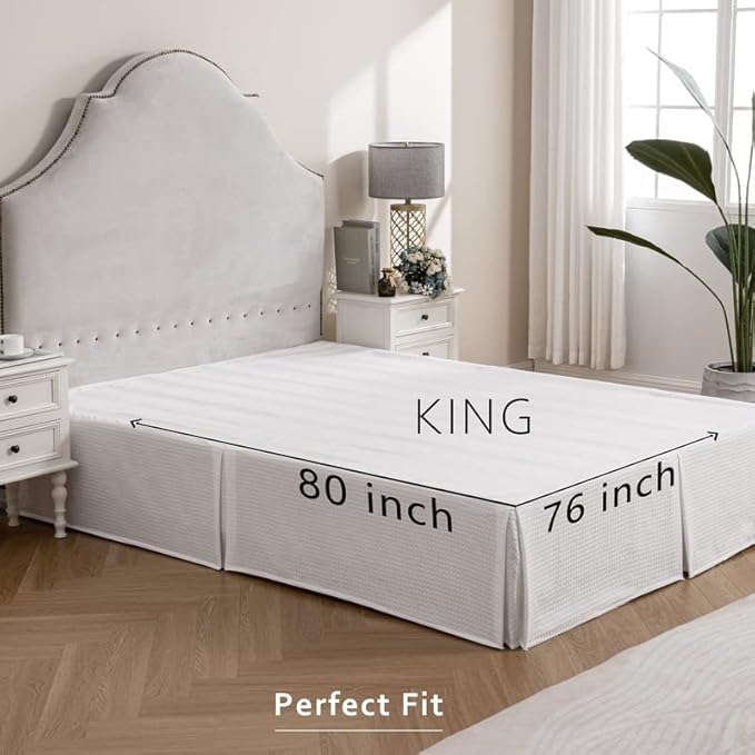 MIYE Pleated Waffle Weave Bed Skirt, Tailored Dust Ruffle 22 Inch Drop Easy Fit, Machine Washable (White, King - 22" Drop)