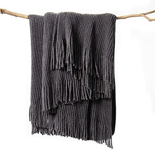 lifein Throw Blanket for Couch, Soft Boho Decor Bed Throw,Cozy Grey Knitted Chenille Small Farmhouse Lightweight Throw (Dark Grey,60 * 80")