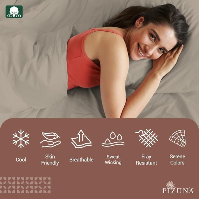 Pizuna Pure 100% Cotton Sheets Queen Size, Luxurious 400 Thread Count Long Staple Cotton Sateen Sheet with 15" Deep Pocket (Combed Simply Taupe Cotton Queen Sheet Set)