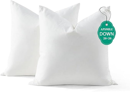 APSMILE Down Feather Throw Pillow Inserts, 20x20 Pillows Set of 2 with Organic Cotton Cover, Soft Square Decorative Pillows for Couch Living Room, Sofa, and Bed（White）