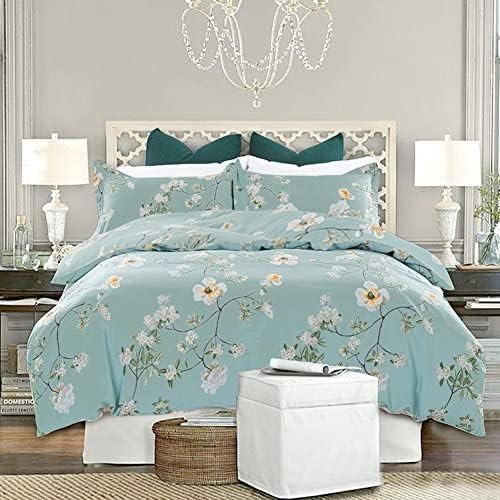 Nanko Full Size Duvet Cover Set, Green Floral Leaf Print Pattern, Microfiber Comforter Quilt Bedding Cover with Zip Ties - Spring Modern Farmhouse Bed Sets for Women Men, Teal Flower 3pc 80 x 90