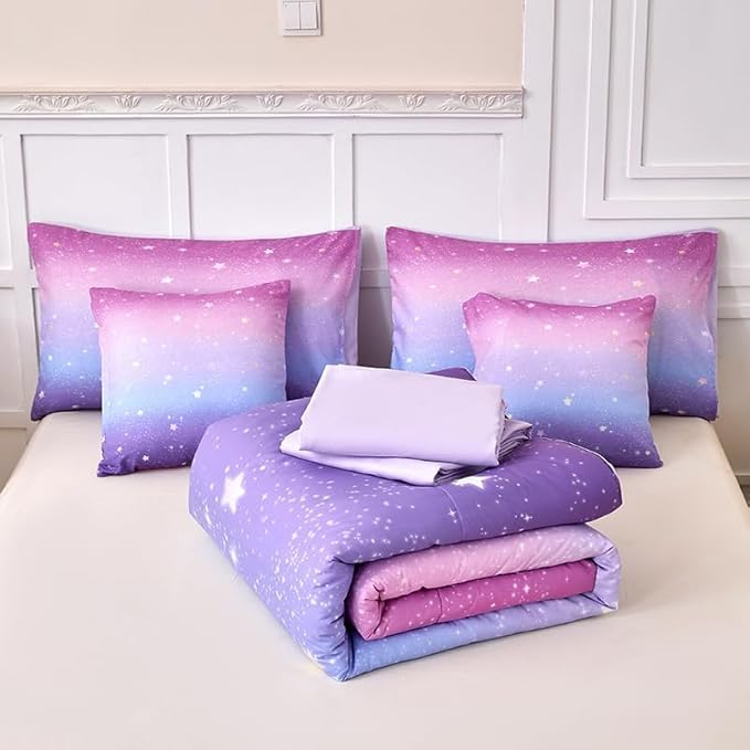 Helloosun 7PCS Pink and Purple Comforter Set Twin,Girls Galaxy Bedding Set,Purple Bedding Twin,Bed in A Bag Comforter for Children Girls Teen Kids,Bedroom Bed Decoration