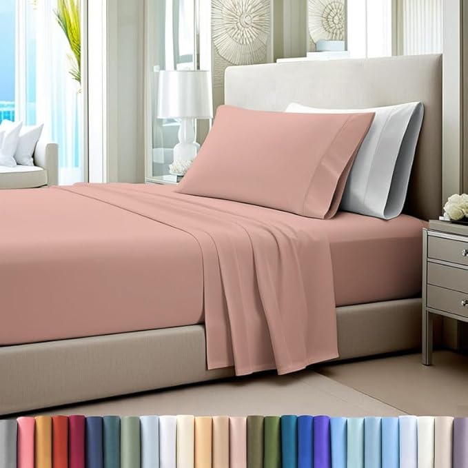 Pizuna Pure 100% Cotton Sheets Twin XL Size, Luxurious 400 Thread Count Long Staple Cotton Sateen Sheets Twin XL with 15" Deep Pocket (Combed Misty Rose Cotton Sheets Twin XL)