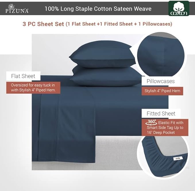 Pizuna Pure 100% Cotton Sheets Twin XL Size, Luxurious 400 Thread Count Long Staple Cotton Sateen Sheets with 15inch Deep Pocket (Combed Dark Blue Sheet Twin XL)