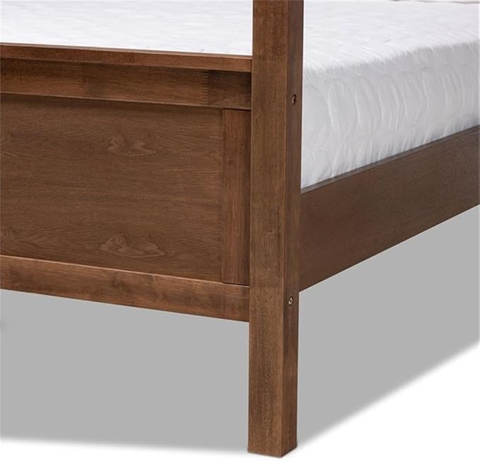 BOWERY HILL Queen Size Wood Platform Canopy Bed, Walnut Finish, Rubberwood and MDF Construction, Tall Beams for Drapes, Inset Paneling, 87.3 in Canopy Height, No Box Spring Needed, Bedroom Furniture