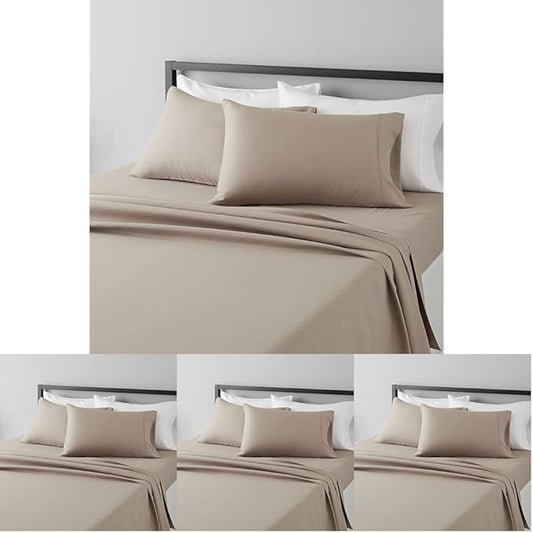 Amazon Basics Lightweight Super Soft Easy Care Wrinkle Free Breathable Microfiber 4 Piece Bed Sheet Set with 14-Inch Deep Pockets,King,Taupe,Solid,(Pack of 4)