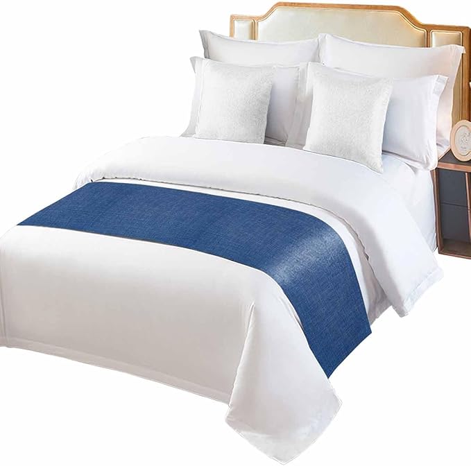Retro Farm Linen Flax Bed Runners for Bedroom Hotel,Decorative Bedding Scarf Blue Solid Color Ocean Bed End Blanket Bedding Runner Scarves for Twin Size Bed,71x20in