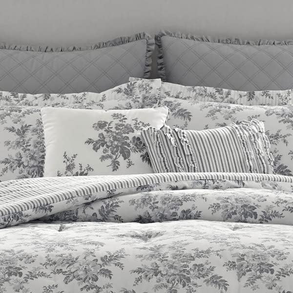 Laura Ashley Home - Queen Comforter Set, Reversible Cotton Bedding, Includes Matching Shams with Bonus Euro Shams & Throw Pillows (Annalise Grey, Queen)