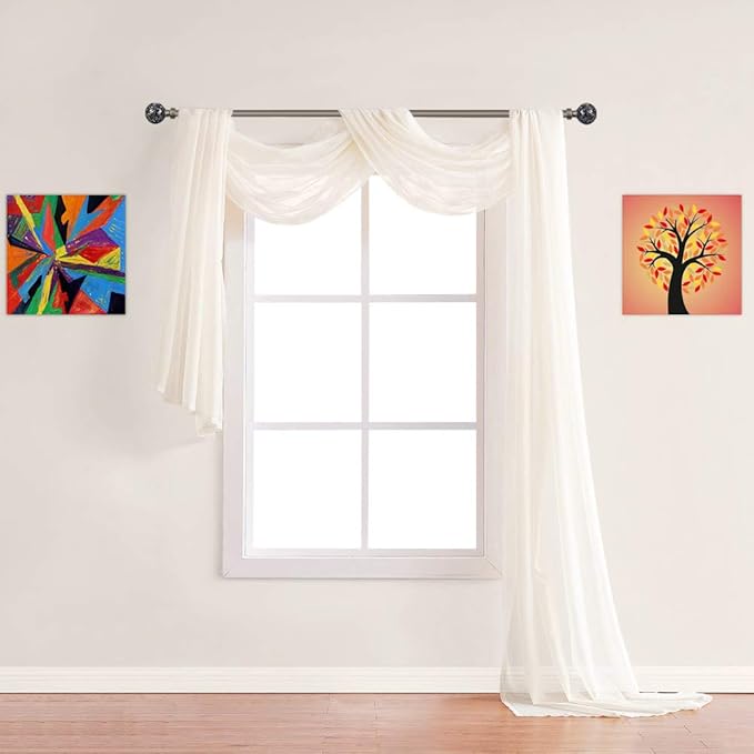 Warm Home Designs Double Window Scarves Bundle. Each White & Yellow Beige Window Scarf Valance is 55" x 360". Great for Beige Room Decor, as Canopy Bed Curtains, Draping Fabric. AS White & Beige 360"