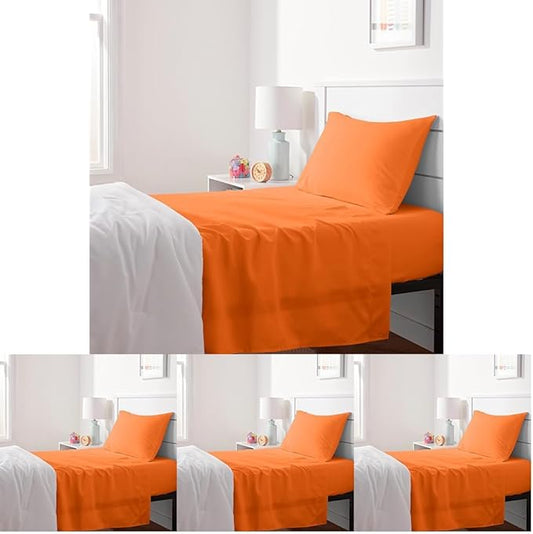 Amazon Basics Kid's Soft Easy-Wash Lightweight Microfiber 3-Piece Sheet Set, Twin, Bright Orange, Solid (Pack of 4)