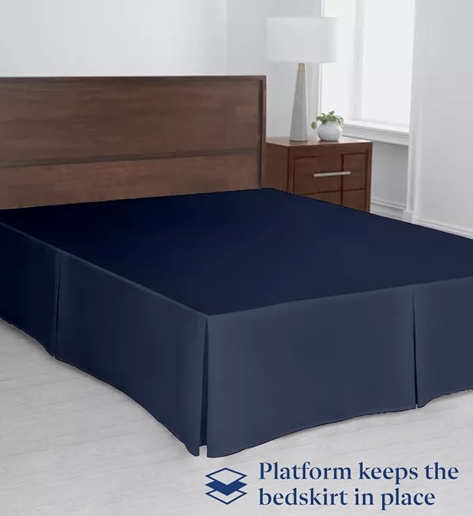 SKY BEDDINGS Luxury Pleated King Bed Skirt with Split Corners - 21 Inch Tailored Drop - Pleated Dust Ruffle - Wrinkle-Free 100% Microfiber - Easy Fit, Soft & Durable - Navy Blue