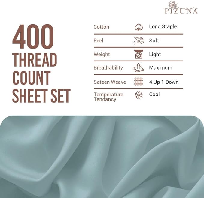 Pizuna Pure 100% Cotton Sheets California King Size, Luxurious 400 Thread Count Long Staple Cotton Sateen Sheetswith 15inch Deep Pocket (Combed Baby Blue Cotton Sheets California King)