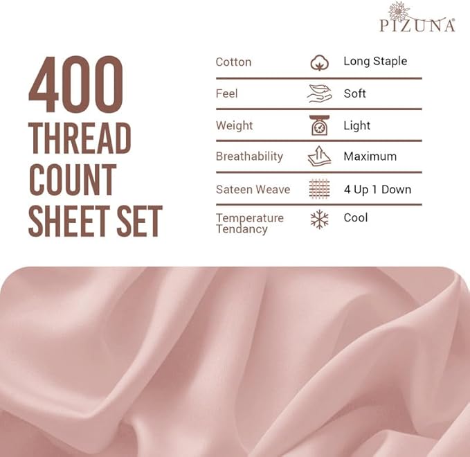 Pizuna Pure 100% Cotton Full Size Luxurious 400 Thread Count Long Staple Cotton Sateen Sheets with 15in Deep Pocket (Combed Light Pink Sheet Full)