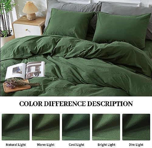 NEXHOME PRO Duvet Cover Set California King Linen Look Textured Organic Natural 100% Washed Cotton Duvet Cover 3 Pieces Bedding Set with Zipper Closure, Breathable, Forest Green (No Comforter)