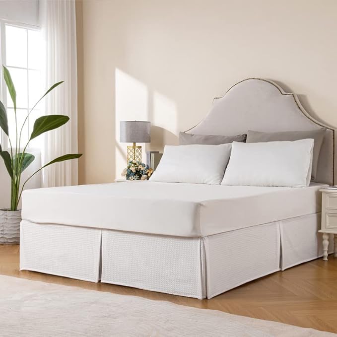MIYE Pleated Waffle Weave Bed Skirt, Tailored Dust Ruffle 12 Inch Drop Easy Fit, Machine Washable (White, Full - 12" Drop)