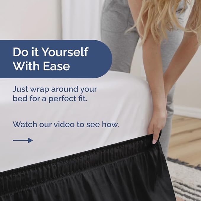 Wrap Around Dust Ruffle Bed Skirt - Black - Twin/Twin XL Size Beds with 24 Inch Drop - Easy Fit Elastic Strap - Adjustable Pleated Bedskirt w/Brushed Fabric - Wrinkle Free - Women, Men, Kids & Teens