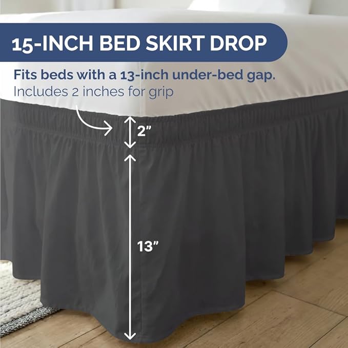 Wrap Around Dust Ruffle Bed Skirt - Charcoal - for King Size Beds w/ 15 Inch Drop - Easy Fit Elastic Strap - Adjustable Pleated Bedskirt w/Brushed Fabric - Wrinkle Free - for Women, Men, Kids & Teens