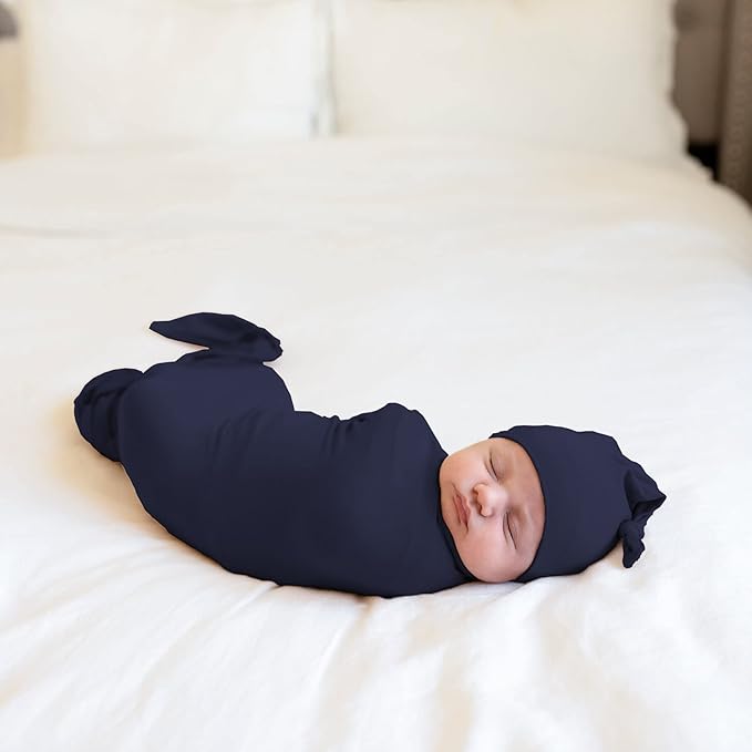 Large Jersey Knitted Swaddle Blanket for Baby, Soft Stretchy Receiving Blanket for Newborns with Hat, Baby Nursery Swaddle 47 x 47 inches(Navy)