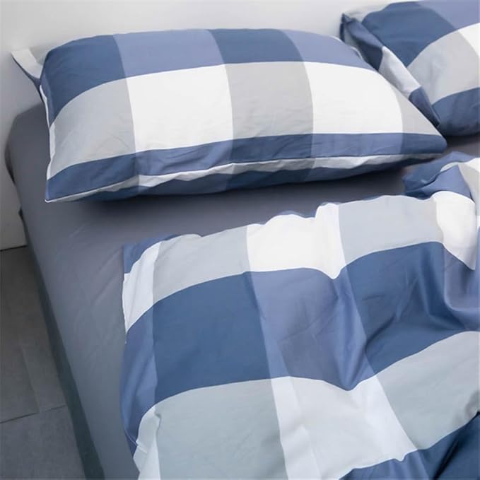 LifeTB Blue White Plaid Duvet Cover Twin Modern Soft 100% Cotton Comforter Cover Simple Style Plaid Grid Duvet Cover with 2 Pillowcases Blue White Grey Checked Bedding Set Twin