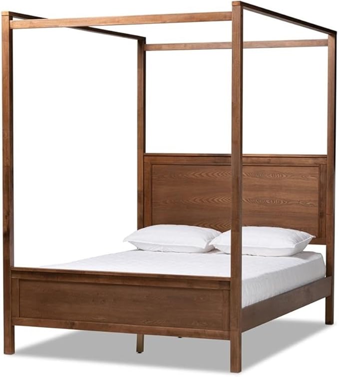 BOWERY HILL Queen Size Wood Platform Canopy Bed, Walnut Finish, Rubberwood and MDF Construction, Tall Beams for Drapes, Inset Paneling, 87.3 in Canopy Height, No Box Spring Needed, Bedroom Furniture