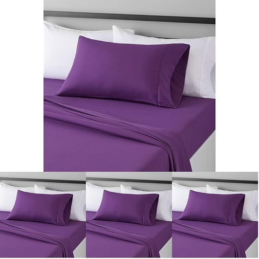 Amazon Basics Lightweight Super Soft Breathable Wrinkle-Free Microfiber 3-Piece Bed Sheet Set with 14-Inch Deep Pockets,Twin,Plum,Solid,(Pack of 4)