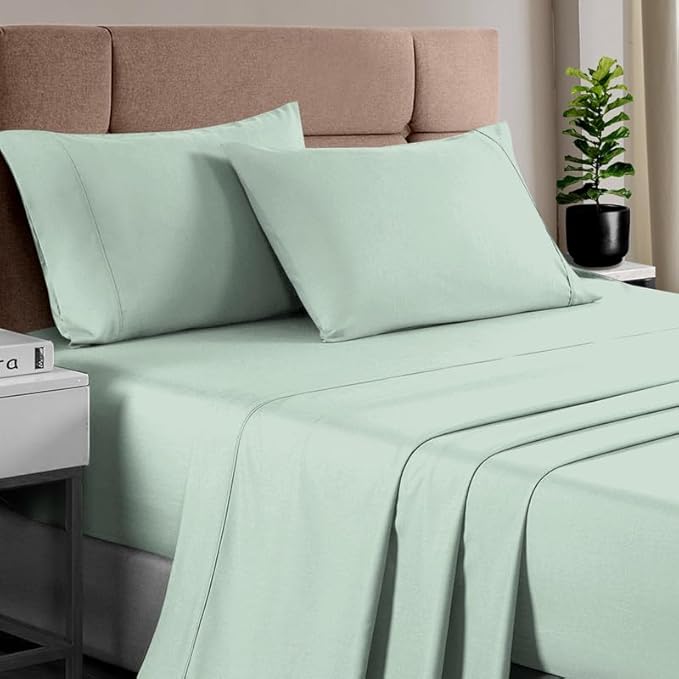Pizuna Pure 100% Cotton Sheets King Size, Luxurious 400 Thread Count Long Staple Cotton Sateen King Sheets Set with 15" Deep Pocket (Combed Sea Foam Cotton Sheet Set)